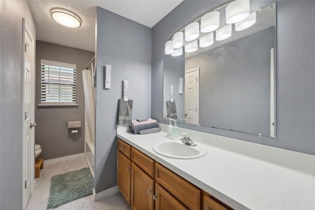 517 Hillebrandt, Beaumont, TX 77705 - full bathroom with marble look tiles, vanity, toilet, shower / tub combo, and baseboards