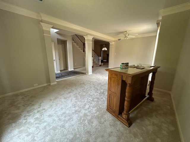13618 Hidden Dell Ct, Houston, TX 77059 - unfurnished office featuring ceiling fan, crown molding, carpet flooring, baseboards, and ornate columns