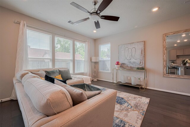2923 Laurel Mill Way, Houston, TX 77080 - living area featuring ceiling fan, baseboards, recessed lighting, and dark wood-style flooring