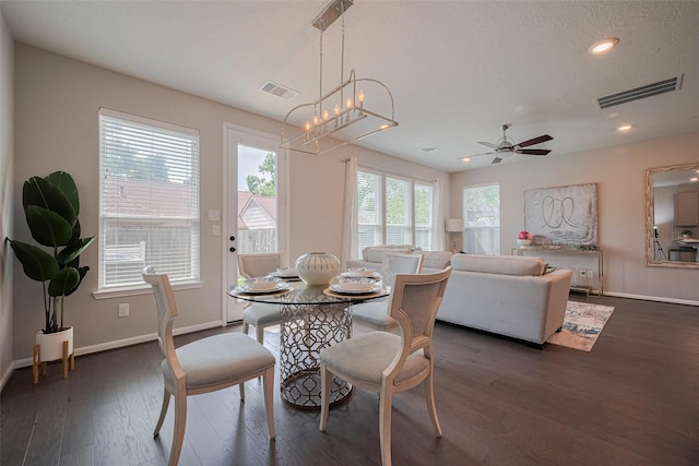 2923 Laurel Mill Way, Houston, TX 77080 - dining area featuring baseboards, dark wood-style flooring, recessed lighting, a chandelier, and a ceiling fan