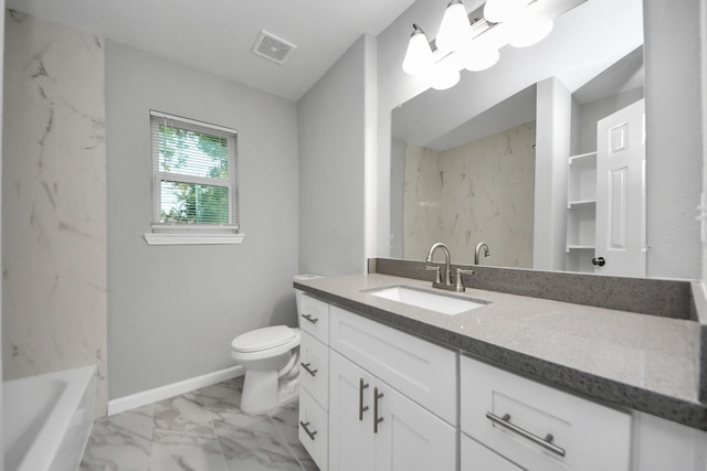 3030 Dacca Dr, Houston, TX 77051 - full bathroom with marble look tiles, vanity, toilet, and baseboards