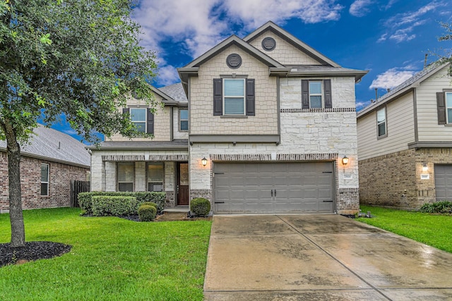 28614 Cabrera Hill Ln, Katy, TX 77494 - view of front of house with a front lawn, stone siding, driveway, and a garage