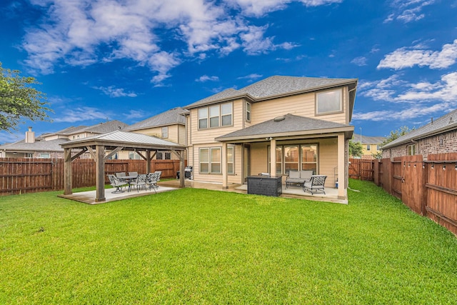 28614 Cabrera Hill Ln, Katy, TX 77494 - rear view of property with a gazebo, an outdoor living space, a patio area, and roof with shingles