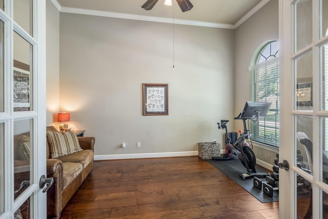 4611 Kings Landing Ln, Katy, TX 77494 - workout area with wood finished floors, french doors, baseboards, ornamental molding, and a ceiling fan
