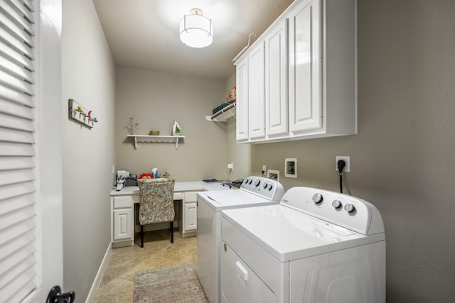 4611 Kings Landing Ln, Katy, TX 77494 - laundry area featuring washing machine and dryer, cabinet space, an office area, and baseboards