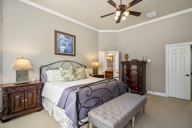 4611 Kings Landing Ln, Katy, TX 77494 - carpeted bedroom featuring crown molding, baseboards, ensuite bath, and ceiling fan