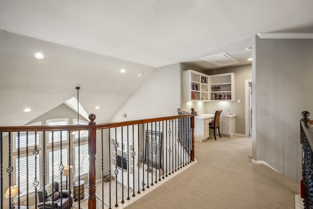 4611 Kings Landing Ln, Katy, TX 77494 - hallway featuring baseboards, lofted ceiling, recessed lighting, light colored carpet, and attic access