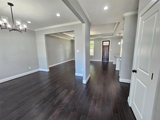 4319 Trail Lake Dr, Houston, TX 77045 - entryway featuring dark wood-style floors, ornamental molding, baseboards, recessed lighting, and a chandelier