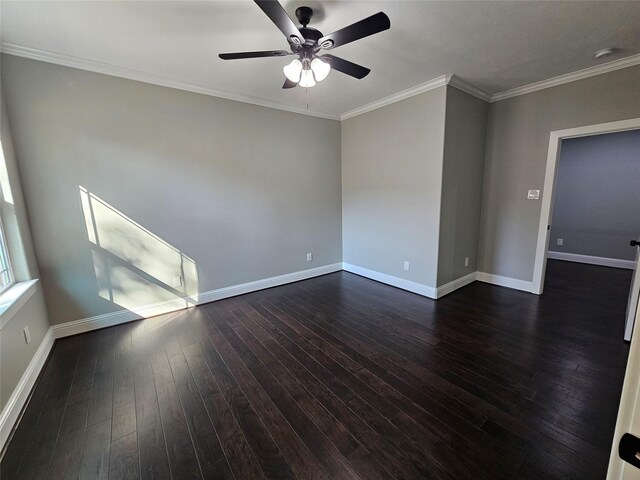 4319 Trail Lake Dr, Houston, TX 77045 - spare room featuring a ceiling fan, baseboards, dark wood-style flooring, and ornamental molding