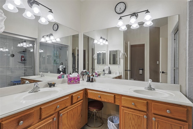 739 Apple Blossom Dr, Pearland, TX 77584 - bathroom with double vanity, a stall shower, and tile patterned floors