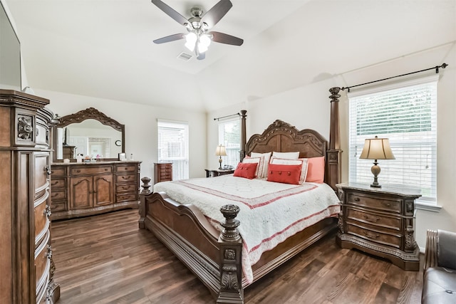 4223 Leafy Bough Ct, Humble, TX 77346 - bedroom with dark wood-style flooring, lofted ceiling, and ceiling fan