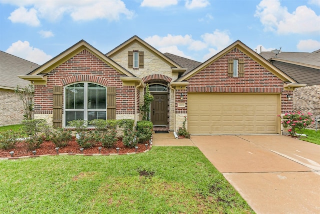 4223 Leafy Bough Ct, Humble, TX 77346 - view of front of house featuring brick siding, concrete driveway, a front lawn, stone siding, and a garage