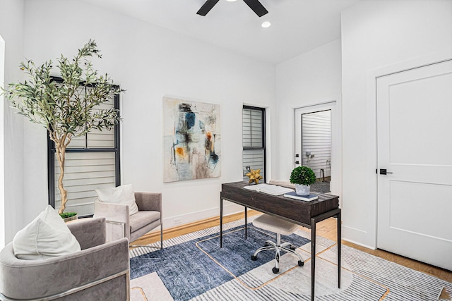 515 E 4th St, Houston, TX 77007 - office with baseboards, wood finished floors, ceiling fan, and recessed lighting