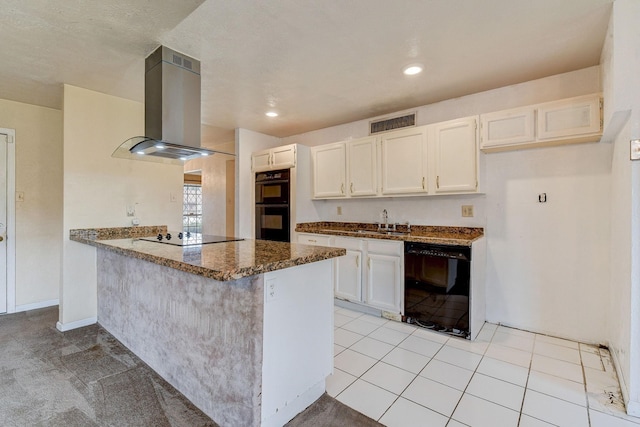 4919 Prairie Ridge Rd, Houston, TX 77053 - kitchen featuring black appliances, extractor fan, a sink, dark stone counters, and white cabinetry