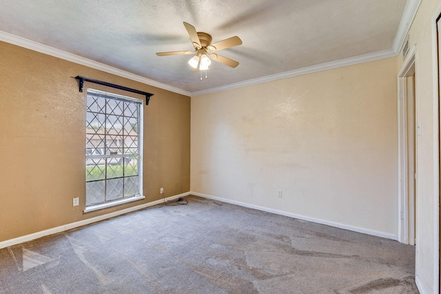 4919 Prairie Ridge Rd, Houston, TX 77053 - empty room with ceiling fan, crown molding, carpet, baseboards, and a textured ceiling