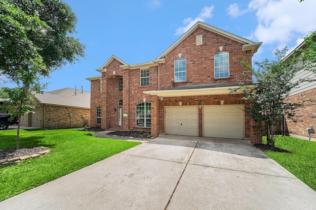 13707 Kingston River Ln, Houston, TX 77044 - traditional home featuring a front yard, brick siding, an attached garage, and concrete driveway