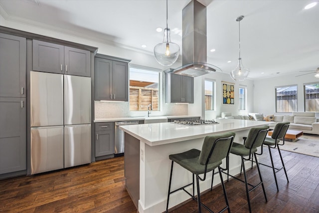 406 Welch St, Houston, TX 77006 - kitchen with stainless steel appliances, gray cabinets, island range hood, dark wood-style floors, and recessed lighting