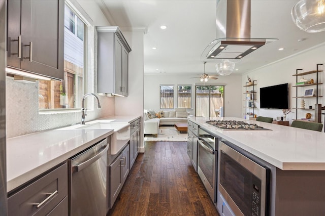 406 Welch St, Houston, TX 77006 - kitchen featuring open floor plan, stainless steel appliances, island exhaust hood, a sink, and dark wood-type flooring