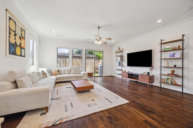 406 Welch St, Houston, TX 77006 - living room featuring ornamental molding, dark wood-style floors, ceiling fan, and recessed lighting