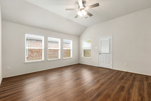 5323 Camerford Ct, Alvin, TX 77511 - unfurnished room with ceiling fan, dark wood finished floors, lofted ceiling, and baseboards