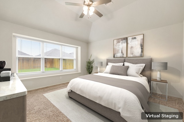 5323 Camerford Ct, Alvin, TX 77511 - bedroom featuring carpet, baseboards, vaulted ceiling, and a ceiling fan