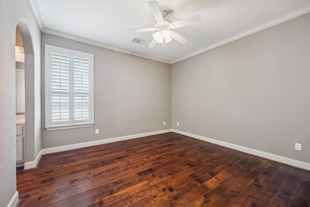 2703 Kestrel Trace Ln, Katy, TX 77494 - empty room with arched walkways, wood-type flooring, a ceiling fan, ornamental molding, and baseboards