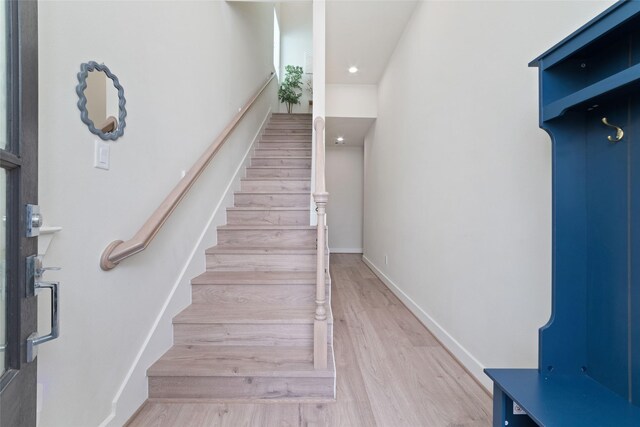 6307 Chelsea Falls Ln, Houston, TX 77008 - staircase featuring wood finished floors, recessed lighting, and baseboards