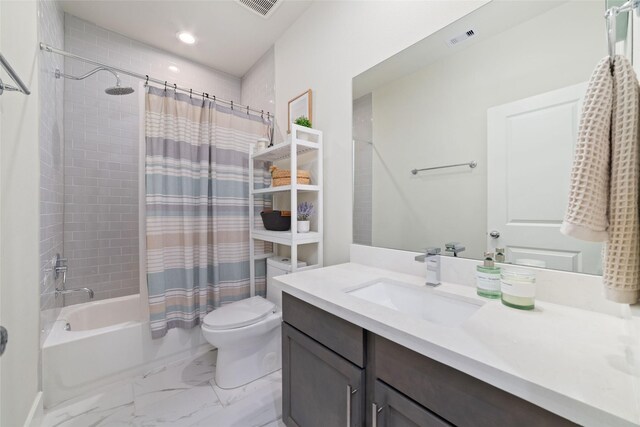 6307 Chelsea Falls Ln, Houston, TX 77008 - full bath featuring vanity, shower / bathtub combination with curtain, toilet, marble finish floors, and recessed lighting