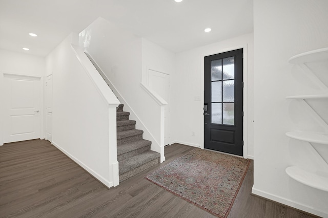 21746 Heather Elm Dr, Cypress, TX 77433 - entryway featuring wood finished floors, recessed lighting, stairway, and baseboards