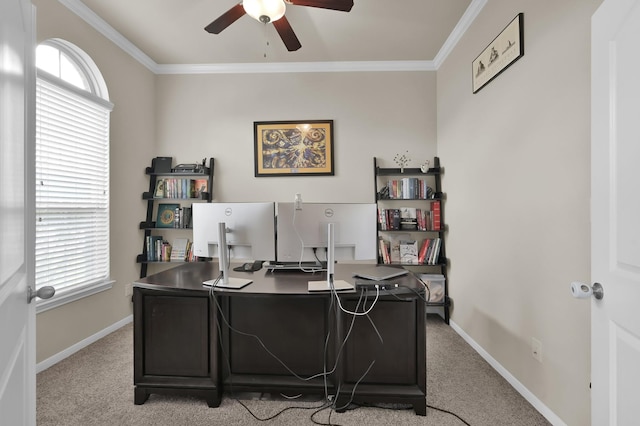 5015 Gold Lantana Trl, Spring, TX 77389 - office featuring ceiling fan, light colored carpet, ornamental molding, and baseboards
