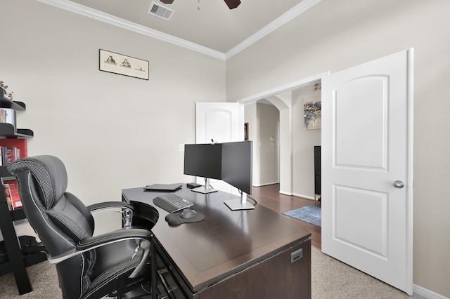 5015 Gold Lantana Trl, Spring, TX 77389 - office space with crown molding, a ceiling fan, baseboards, arched walkways, and carpet