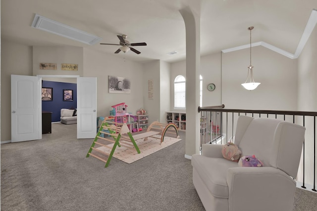 5015 Gold Lantana Trl, Spring, TX 77389 - game room with ceiling fan, carpet flooring, vaulted ceiling, baseboards, and crown molding
