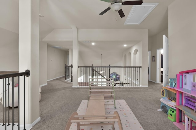 5015 Gold Lantana Trl, Spring, TX 77389 - recreation room with ceiling fan, attic access, carpet flooring, and baseboards