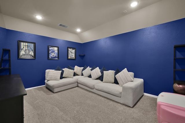 5015 Gold Lantana Trl, Spring, TX 77389 - home theater featuring carpet flooring, lofted ceiling, recessed lighting, and baseboards