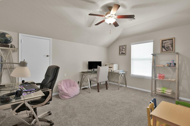 5015 Gold Lantana Trl, Spring, TX 77389 - carpeted office featuring vaulted ceiling, a ceiling fan, and baseboards