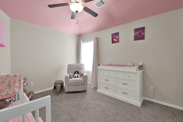5015 Gold Lantana Trl, Spring, TX 77389 - bedroom with light carpet, baseboards, a ceiling fan, and lofted ceiling
