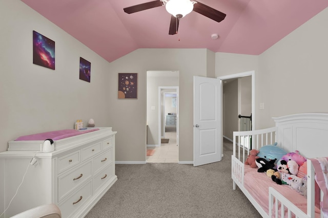 5015 Gold Lantana Trl, Spring, TX 77389 - bedroom featuring light carpet, lofted ceiling, baseboards, and a ceiling fan