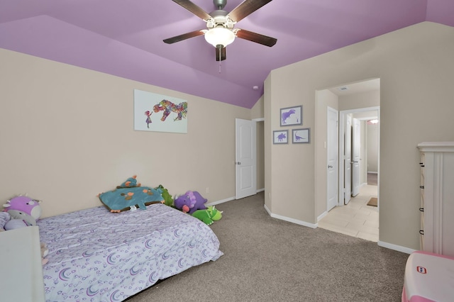 5015 Gold Lantana Trl, Spring, TX 77389 - carpeted bedroom with lofted ceiling, a ceiling fan, and baseboards