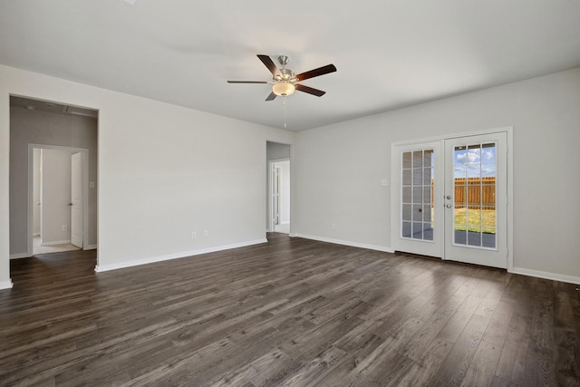 10347 Red Cardinal Dr, Cleveland, TX 77328 - spare room featuring ceiling fan, french doors, dark wood-style flooring, and baseboards