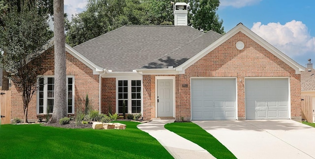 28511 Kevington Ct, Spring, TX 77386 - view of front of home with an attached garage, brick siding, concrete driveway, a front lawn, and a shingled roof