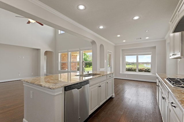 2131 Cranbrook Ridge Ln, Sugar Land, TX 77479 - kitchen featuring stainless steel appliances, a sink, arched walkways, ceiling fan, and healthy amount of natural light