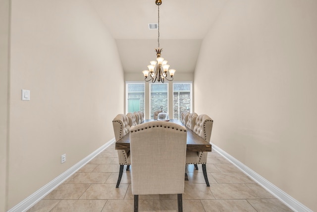 18610 Fairmont Springs Ct, Cypress, TX 77429 - dining space with a chandelier, light tile patterned flooring, lofted ceiling, and baseboards
