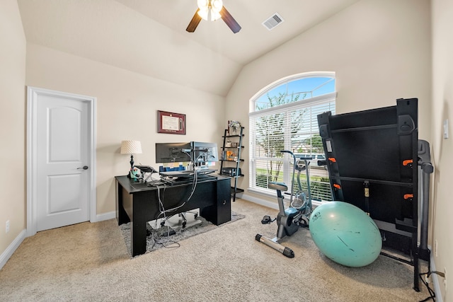 18610 Fairmont Springs Ct, Cypress, TX 77429 - office area with carpet flooring, ceiling fan, baseboards, and lofted ceiling