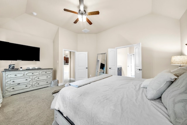 18610 Fairmont Springs Ct, Cypress, TX 77429 - carpeted bedroom featuring a ceiling fan, high vaulted ceiling, baseboards, and connected bathroom