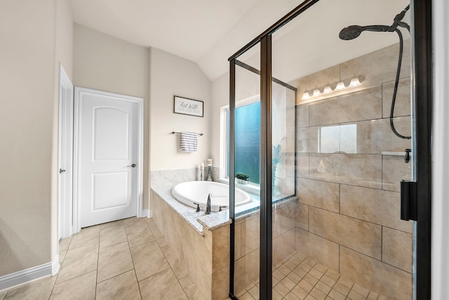 18610 Fairmont Springs Ct, Cypress, TX 77429 - full bath featuring a shower stall, a garden tub, tile patterned flooring, lofted ceiling, and baseboards