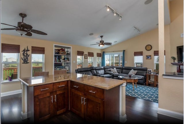 4126 Fort Bend Dr, Galveston, TX 77554 - kitchen featuring ceiling fan, dark wood-style floors, lofted ceiling, track lighting, and open floor plan