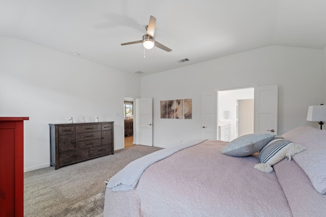 14027 Valley Creek Ct, Conroe, TX 77384 - bedroom with lofted ceiling, carpet flooring, connected bathroom, and ceiling fan