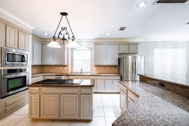 8907 Opus Ct, Houston, TX 77040 - kitchen featuring stainless steel appliances, a sink, light tile patterned floors, backsplash, and ornamental molding