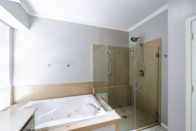 8907 Opus Ct, Houston, TX 77040 - full bath featuring ornamental molding, a shower stall, a tub with jets, and vanity