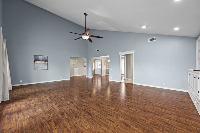 4322 Shady Springs Dr, Pasadena, TX 77586 - unfurnished living room featuring ceiling fan, dark wood finished floors, high vaulted ceiling, baseboards, and recessed lighting